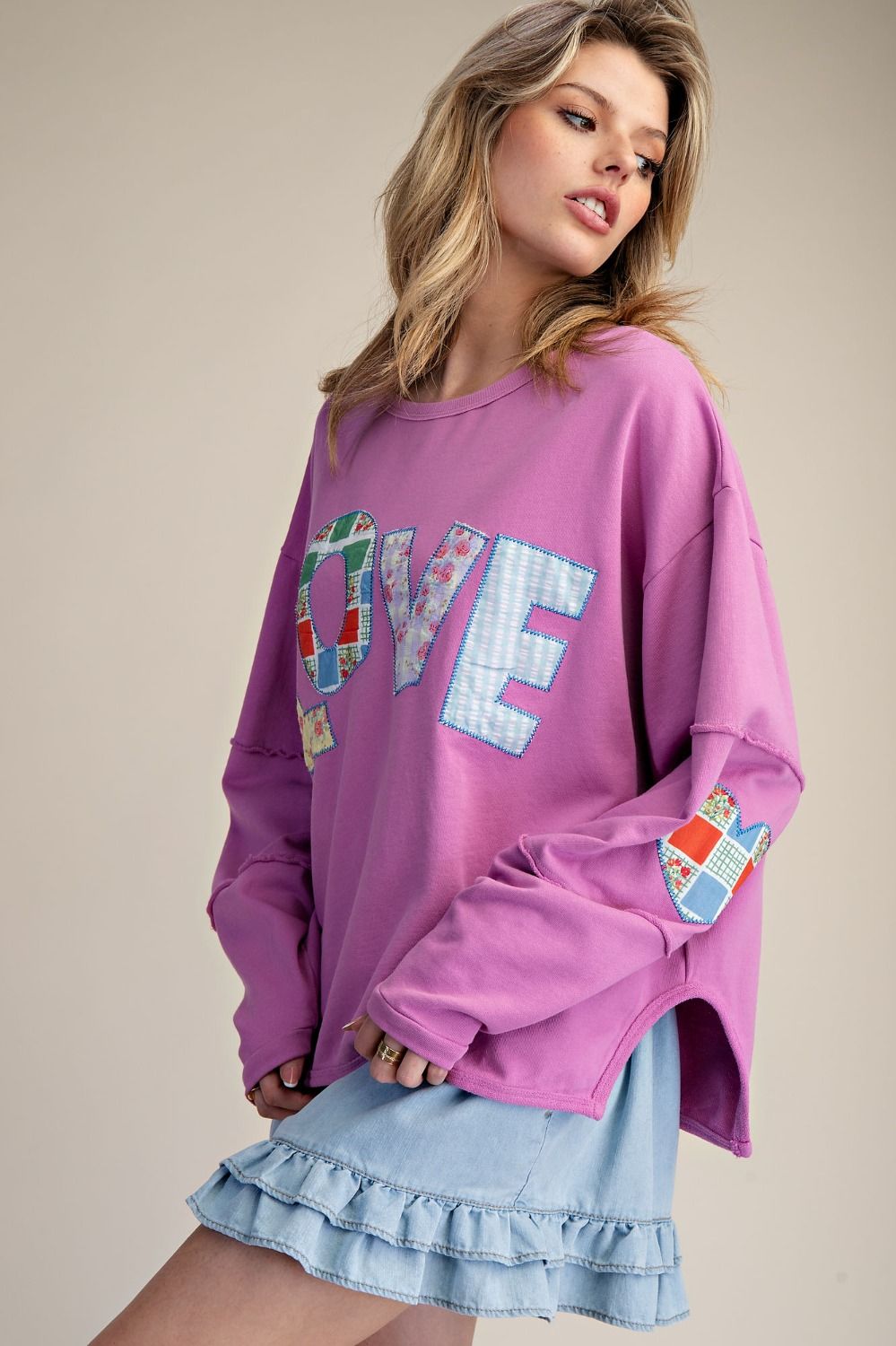 Easel Terry Knit LOVE Patched Top in Orchid Pink