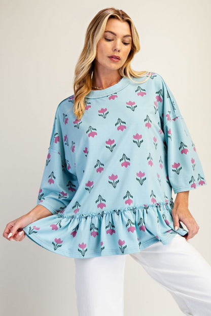 Easel Floral Print Terry Knit Top in Dusty Blue