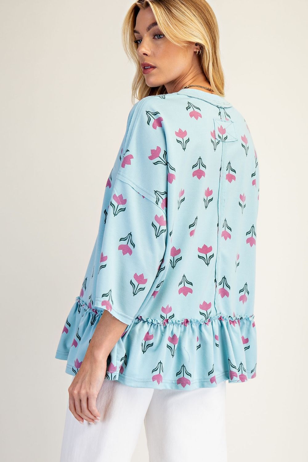 Easel Floral Print Terry Knit Top in Dusty Blue