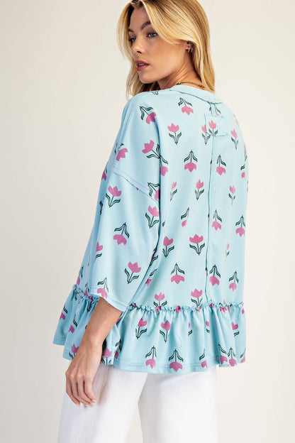 Easel Floral Print Terry Knit Top in Dusty Blue