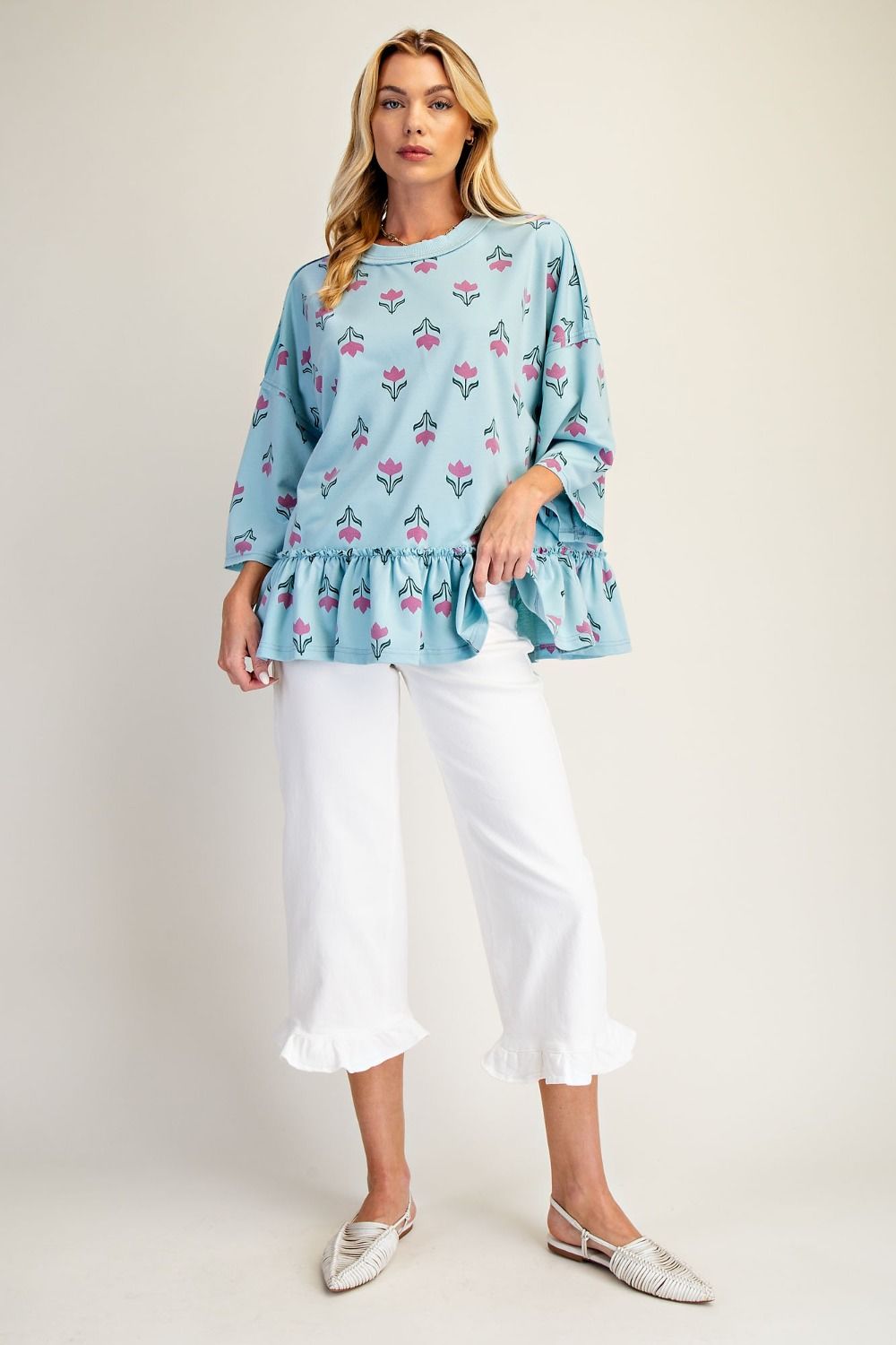 Easel Floral Print Terry Knit Top in Dusty Blue