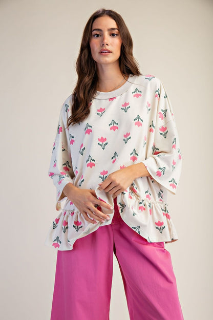 Easel Floral Print Terry Knit Top in Ecru