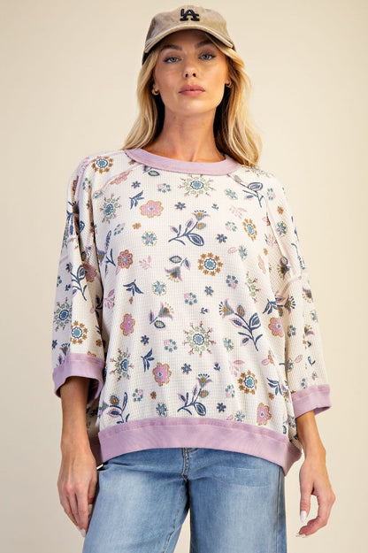 Easel Signature Floral Print Waffle Knit Pullover Top in Lilac Blue