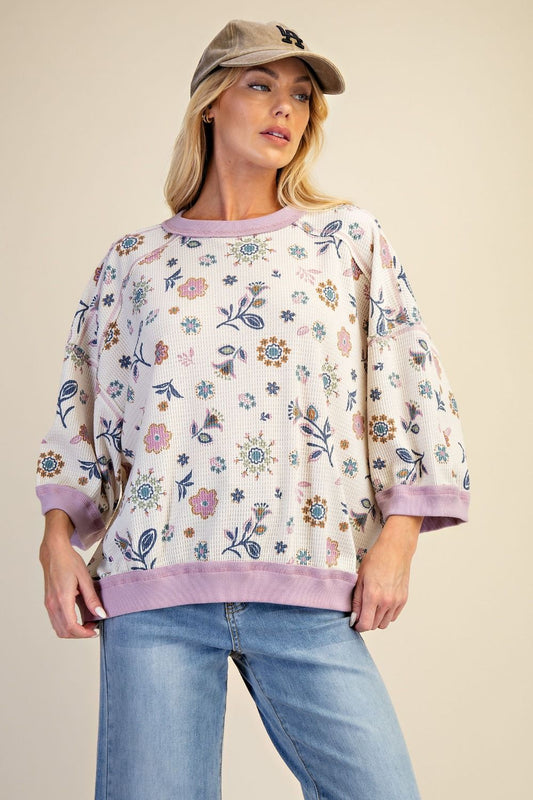 Easel Signature Floral Print Waffle Knit Pullover Top in Lilac Blue