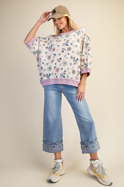 Easel Signature Floral Print Waffle Knit Pullover Top in Lilac Blue