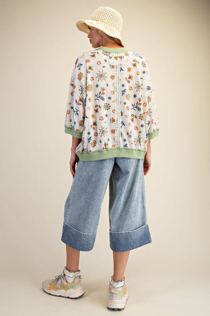 Easel Signature Floral Print Waffle Knit Pullover Top in Sage Rust