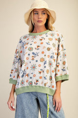 Easel Signature Floral Print Waffle Knit Pullover Top in Sage Rust