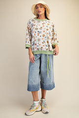 Easel Signature Floral Print Waffle Knit Pullover Top in Sage Rust
