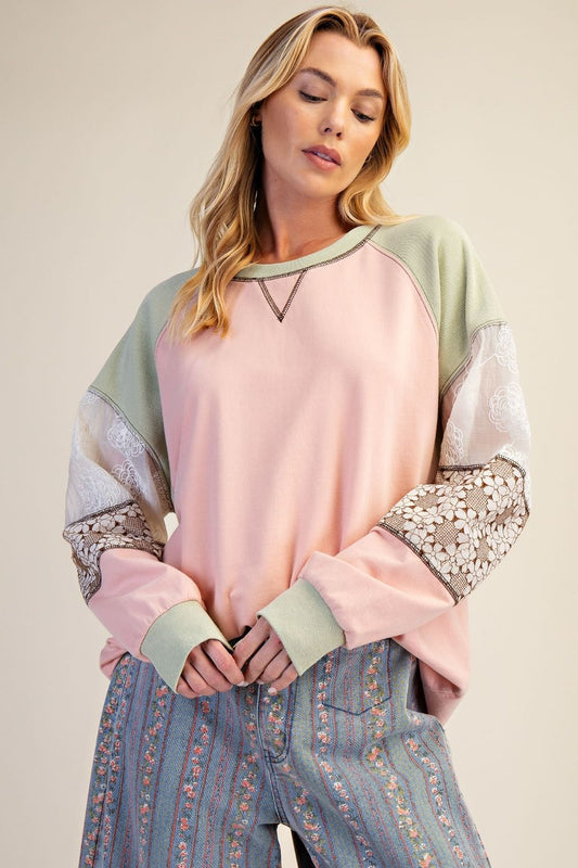Easel Color Block Top with Mixed Fabric Sleeves in Faded Coral