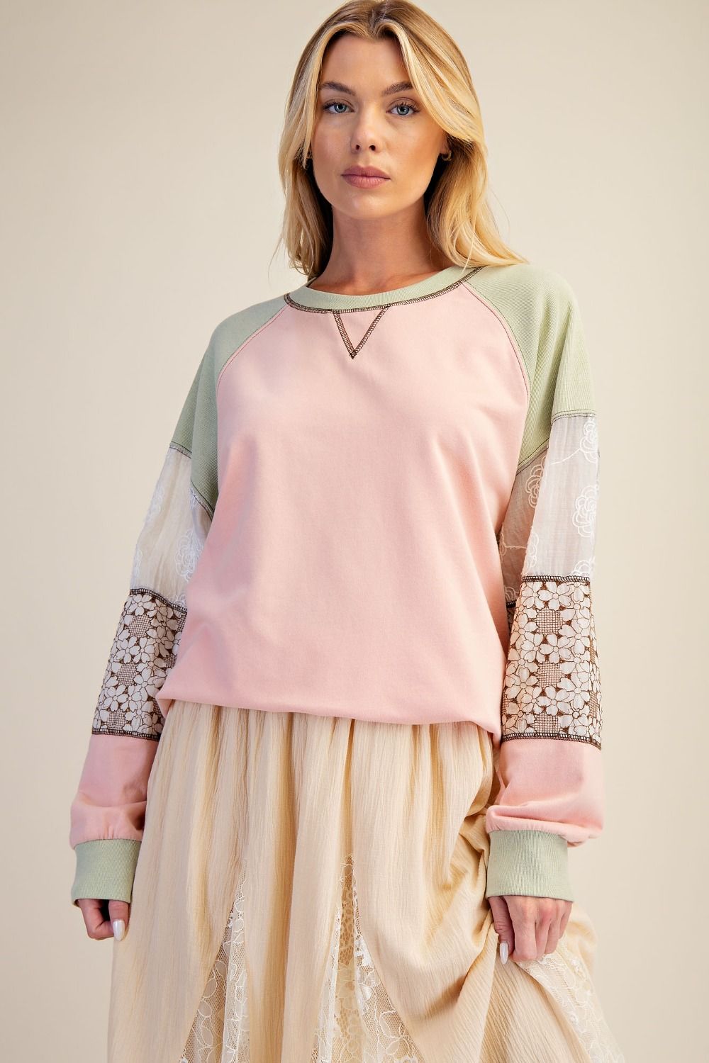 Easel Color Block Top with Mixed Fabric Sleeves in Faded Coral