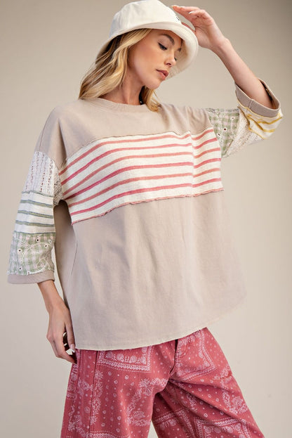 Easel Mixed Print Mineral Washed Boxy Top in Light Mushroom