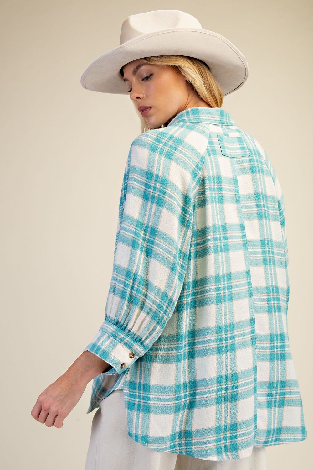 Easel Woven Plaid Top in Aqua