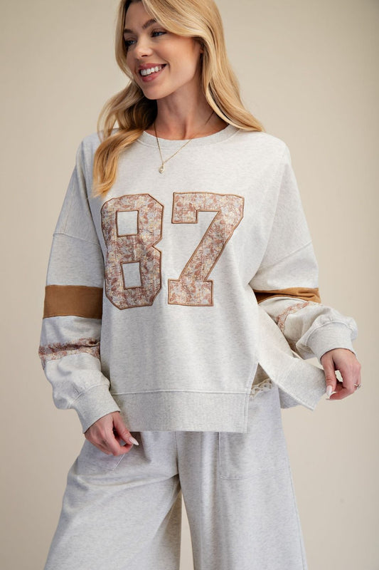Easel 87 Graphic Patched Terry Knit Top in Heather Grey