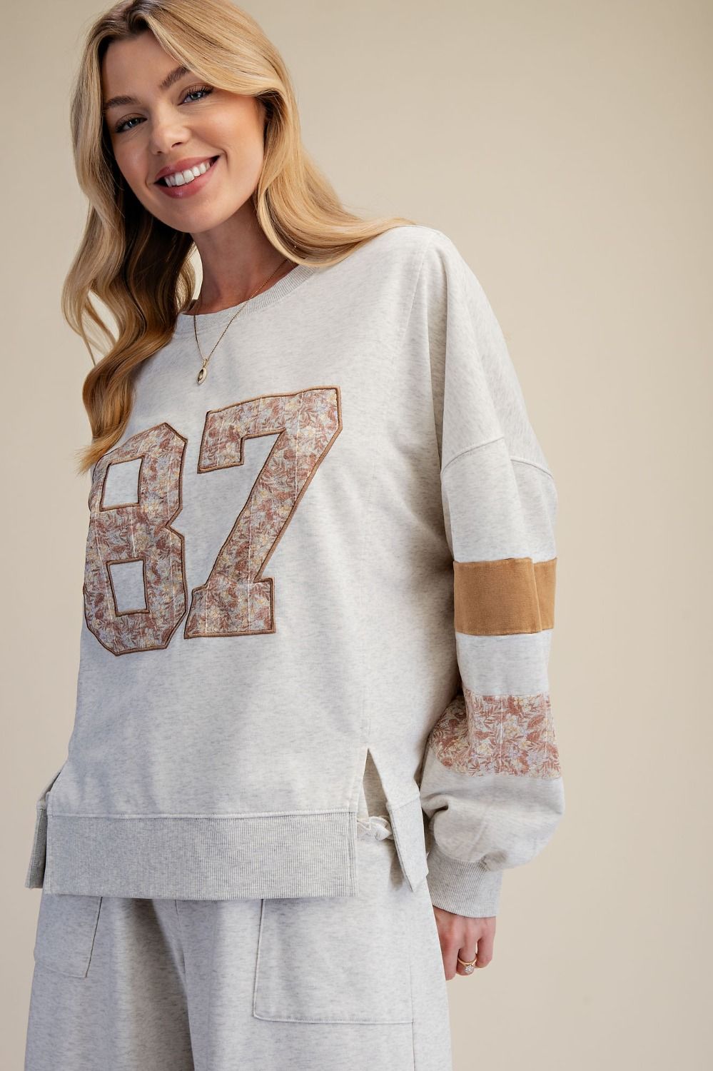 Easel 87 Graphic Patched Terry Knit Top in Heather Grey