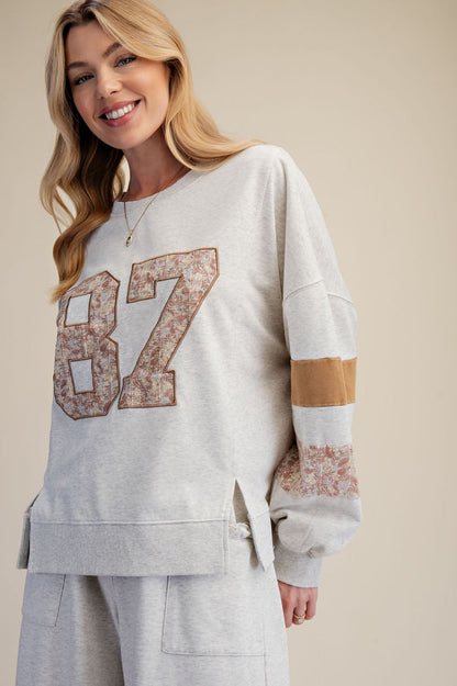 Easel 87 Graphic Patched Terry Knit Top in Heather Grey