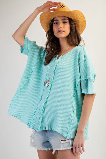Easel Textured Ribbed Knit Top in Atlantis Green ON ORDER