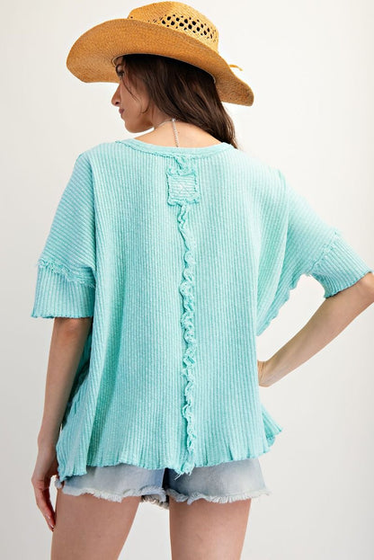 Easel Textured Ribbed Knit Top in Atlantis Green ON ORDER