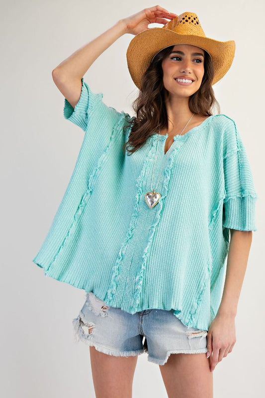 Easel Textured Ribbed Knit Top in Atlantis Green ON ORDER