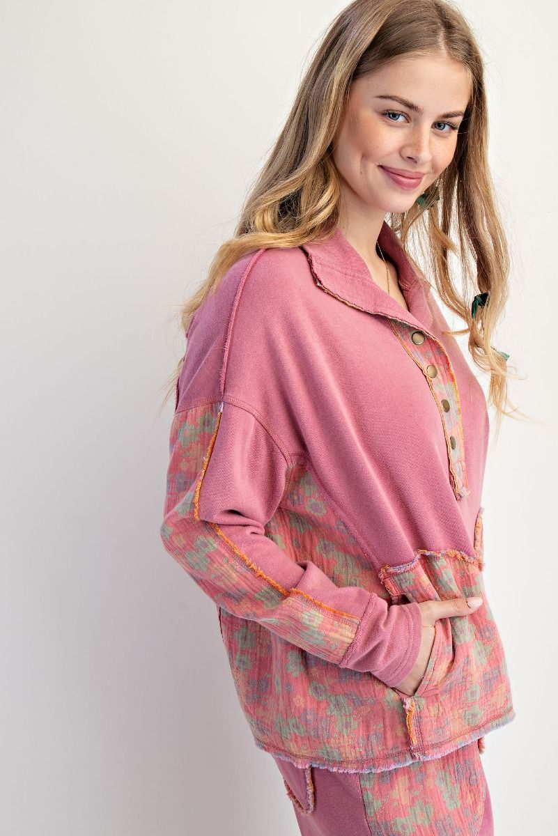 Easel Terry Knit and Floral Knit Pullover Top in Boho Red