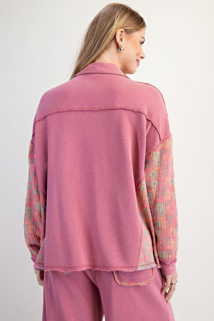 Easel Terry Knit and Floral Knit Pullover Top in Boho Red