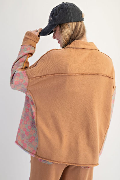 Easel Terry Knit and Floral Knit Pullover Top in Camel
