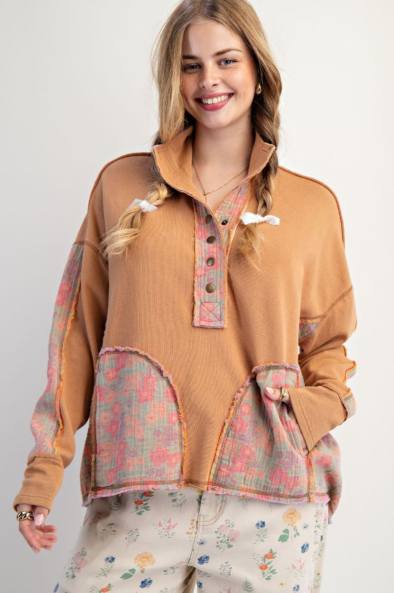 Easel Terry Knit and Floral Knit Pullover Top in Camel