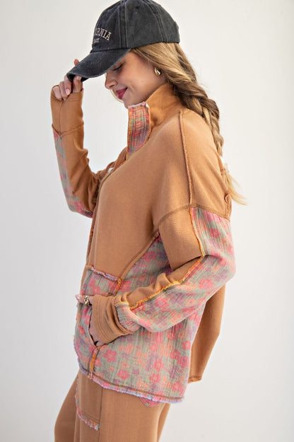 Easel Terry Knit and Floral Knit Pullover Top in Camel