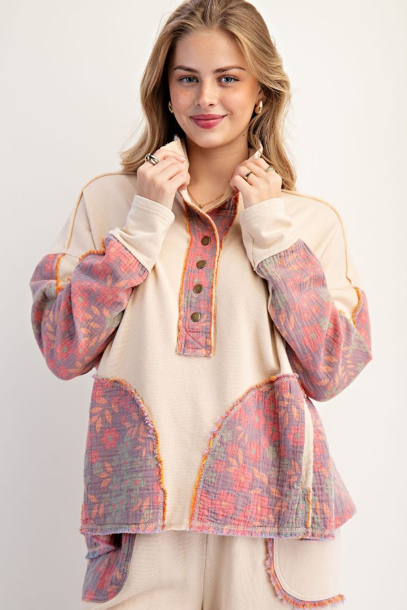 Easel Terry Knit and Floral Knit Pullover Top in Oatmeal
