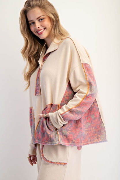 Easel Terry Knit and Floral Knit Pullover Top in Oatmeal