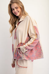 Easel Terry Knit and Floral Knit Pullover Top in Oatmeal