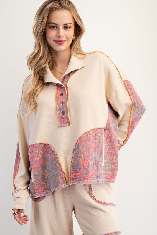 Easel Terry Knit and Floral Knit Pullover Top in Oatmeal