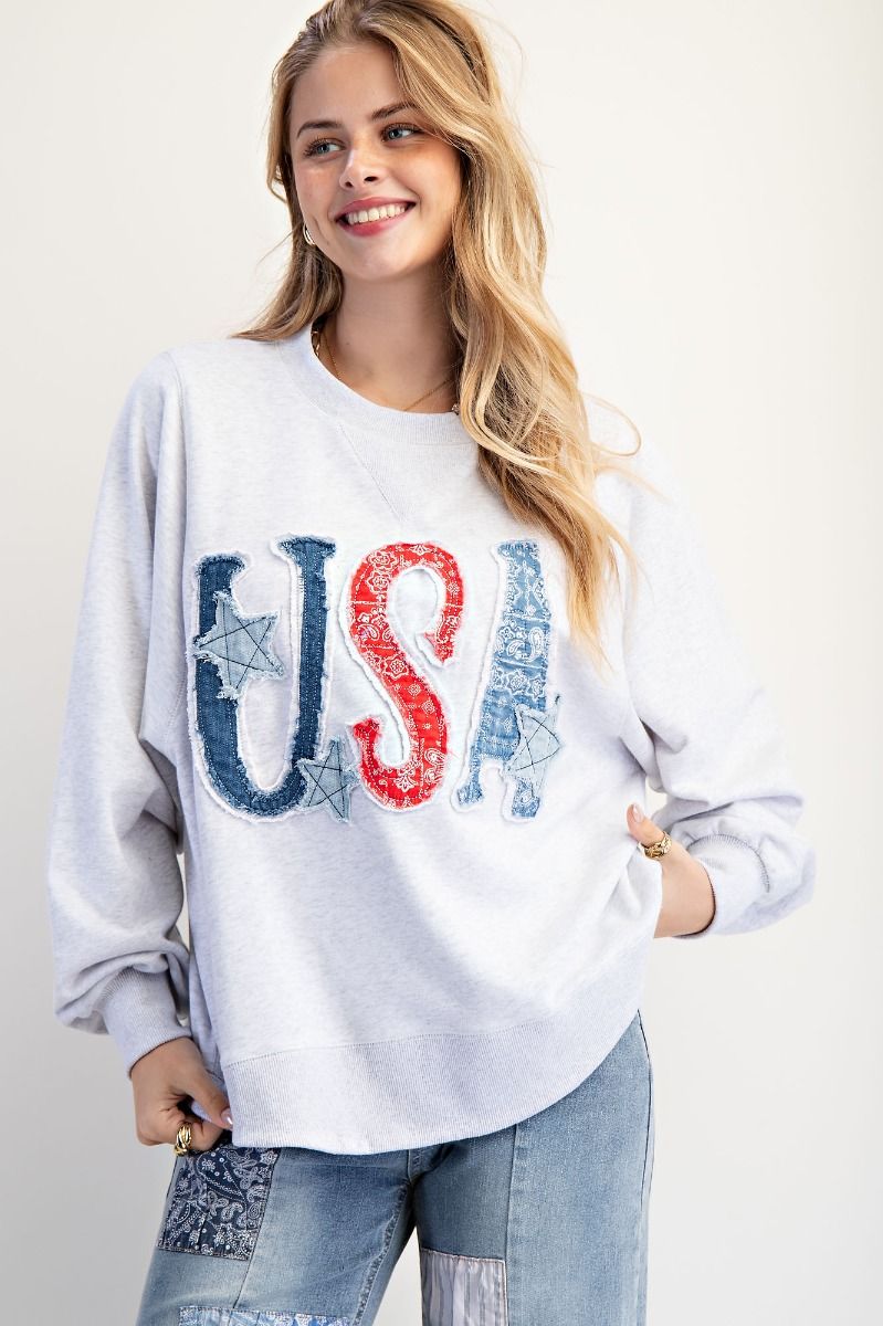Easel Mineral Washed Terry Knit Top with USA Patches in Heather Grey