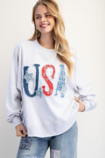 Easel Mineral Washed Terry Knit Top with USA Patches in Heather Grey