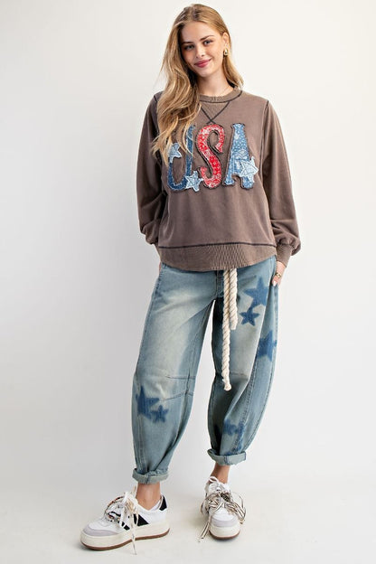 Easel Mineral Washed Terry Knit Top with USA Patches in Mocha