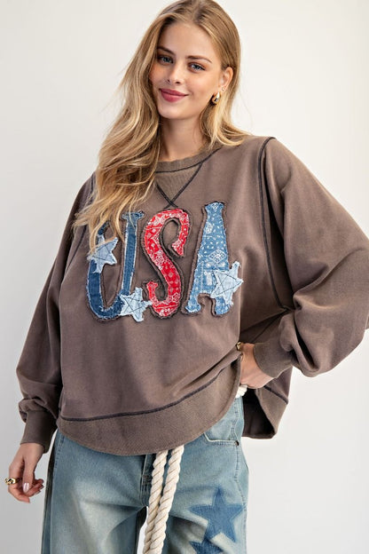 Easel Mineral Washed Terry Knit Top with USA Patches in Mocha