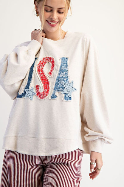 Easel Mineral Washed Terry Knit Top with USA Patches in Oatmeal