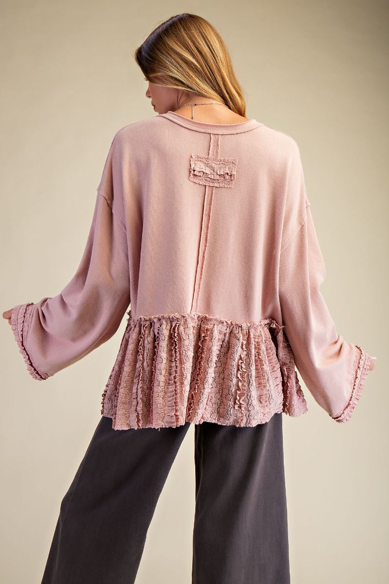 Easel Soft Washed Terry Knit Top with Ruffle Lace Details in Dusty Rose