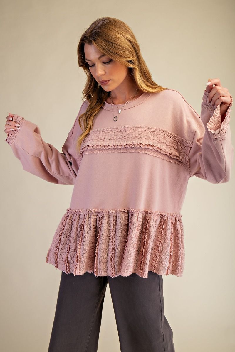 Easel Soft Washed Terry Knit Top with Ruffle Lace Details in Dusty Rose