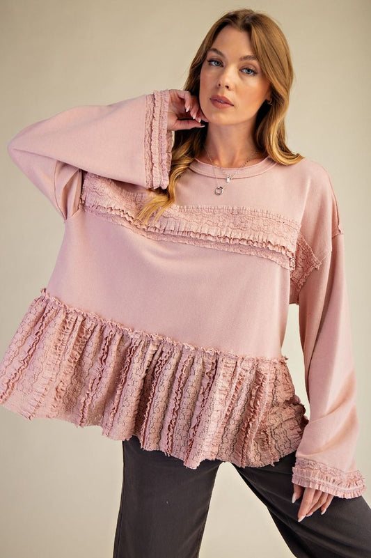 Easel Soft Washed Terry Knit Top with Ruffle Lace Details in Dusty Rose