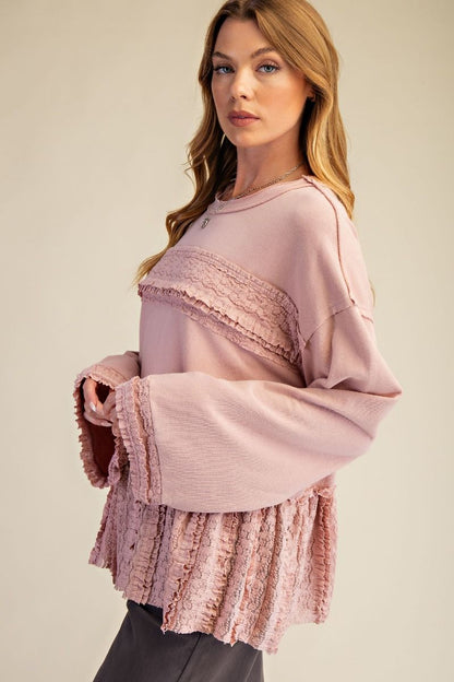 Easel Soft Washed Terry Knit Top with Ruffle Lace Details in Dusty Rose