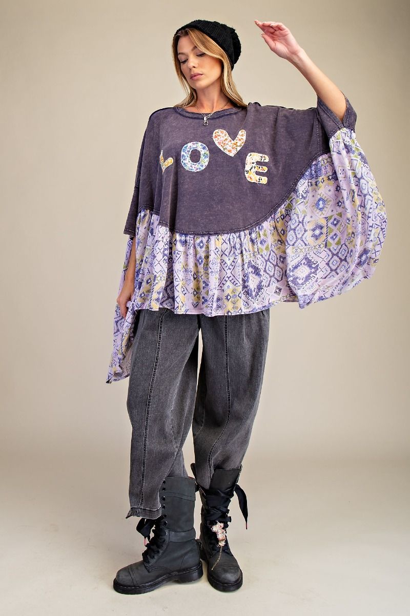 Easel OVERSIZED Solid and Mixed Print LOVE Patched Top in Ash