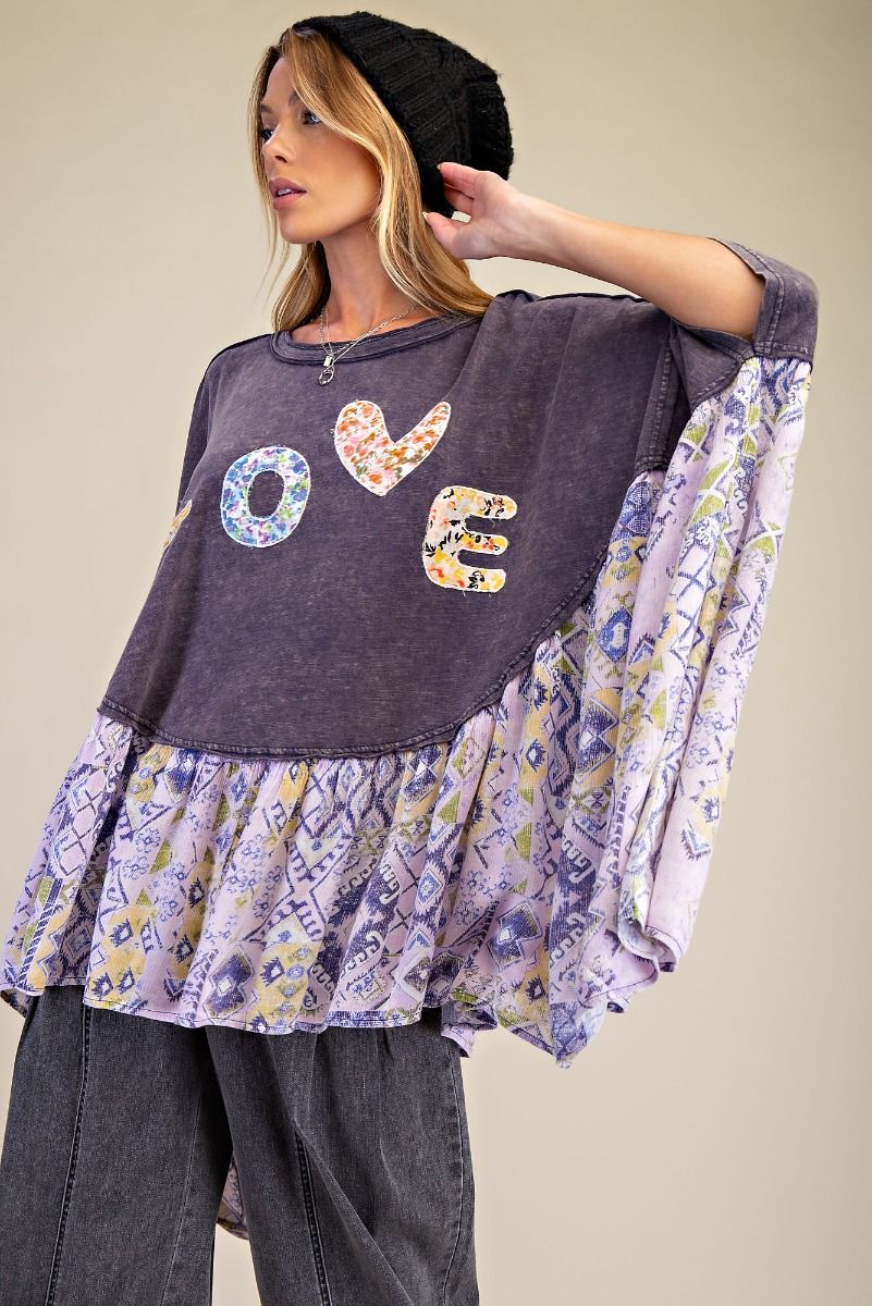 Easel OVERSIZED Solid and Mixed Print LOVE Patched Top in Ash