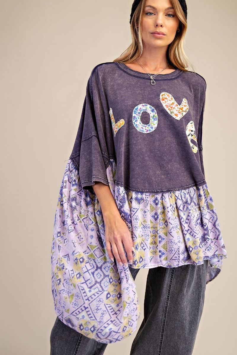 Easel OVERSIZED Solid and Mixed Print LOVE Patched Top in Ash