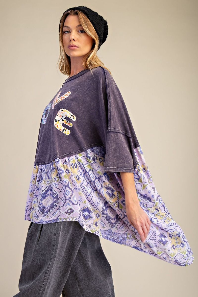 Easel OVERSIZED Solid and Mixed Print LOVE Patched Top in Ash