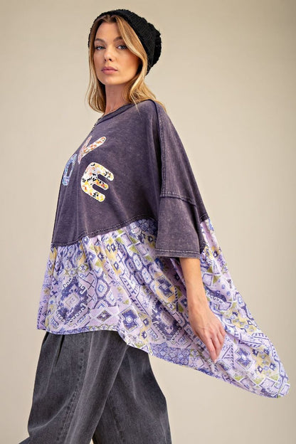 Easel OVERSIZED Solid and Mixed Print LOVE Patched Top in Ash
