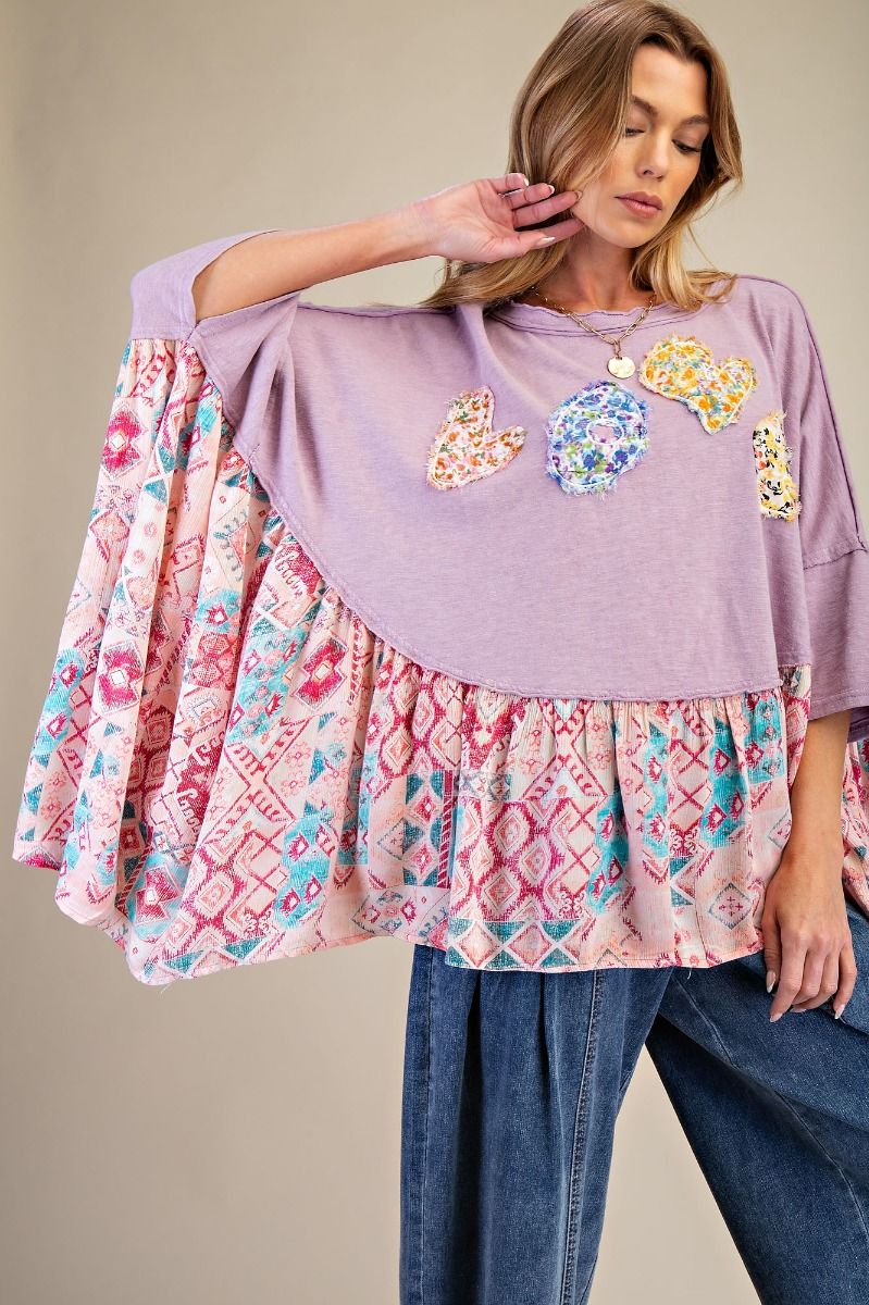 Easel OVERSIZED Solid and Mixed Print LOVE Patched Top in Dusty Lilac