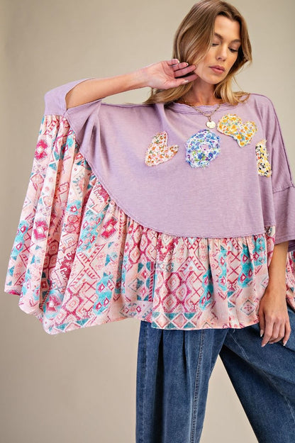 Easel OVERSIZED Solid and Mixed Print LOVE Patched Top in Dusty Lilac