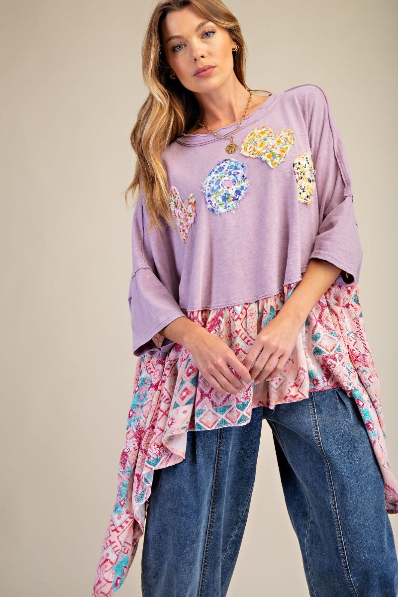 Easel OVERSIZED Solid and Mixed Print LOVE Patched Top in Dusty Lilac
