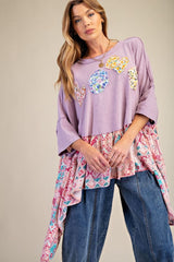 Easel OVERSIZED Solid and Mixed Print LOVE Patched Top in Dusty Lilac