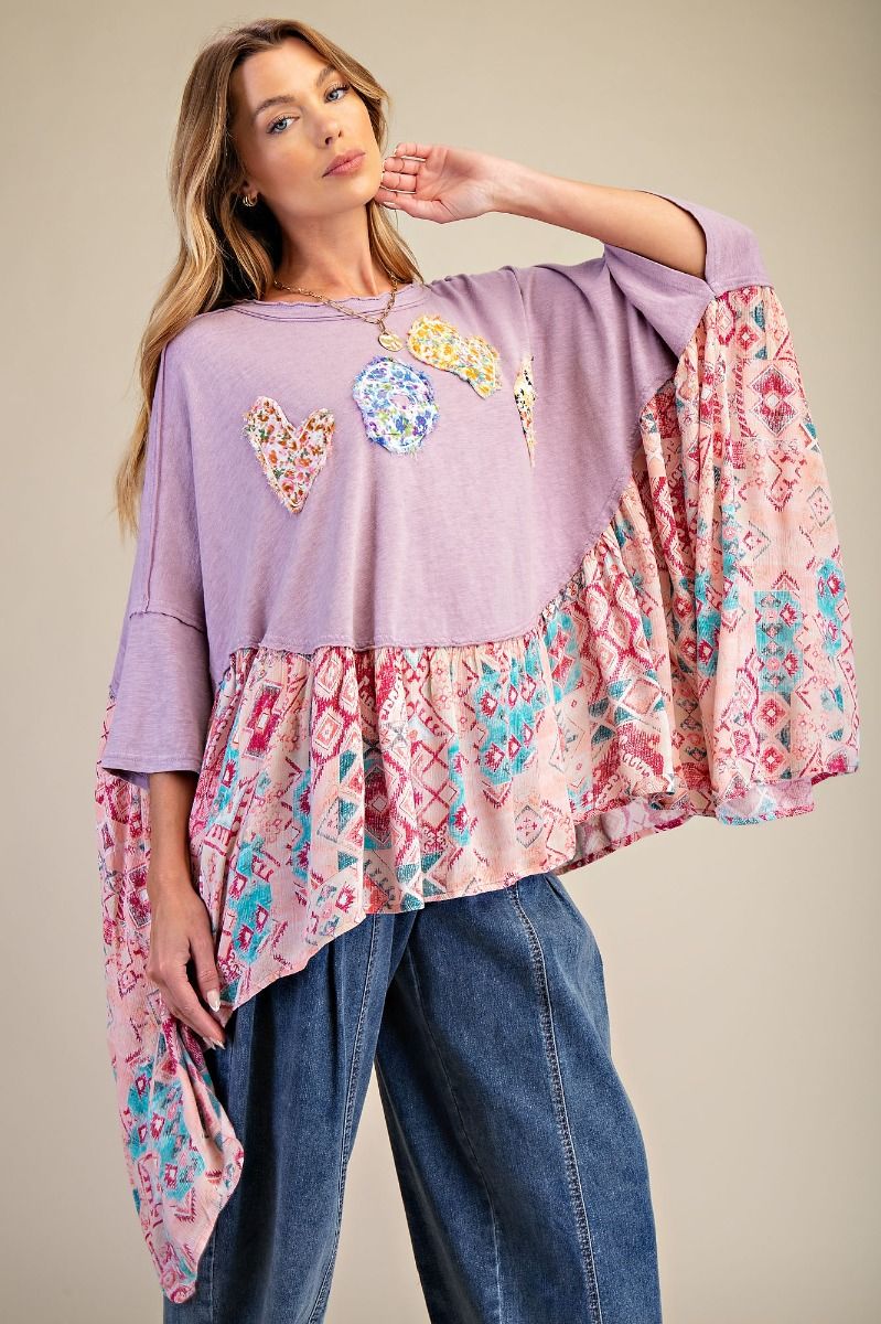 Easel OVERSIZED Solid and Mixed Print LOVE Patched Top in Dusty Lilac